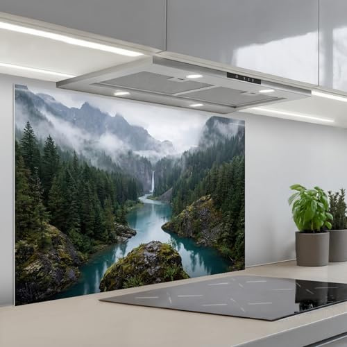 KitchenYeah© Paraschizzi Cucina Adesivo Pannello Parete Paraspruzzi | 55x80 cm - Lavandino Decorativo Cascata - Alberi - Montagne