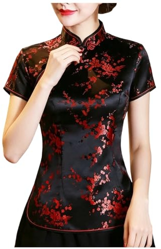 NerYuo Qipao Femme Chemise Cheongsam Chinoise Manches Courtes Col Mandarin Chemisier Chinois Imprimé Dragon Phénix Hauts Élégant Ethniques Vêtements Traditionnels T-Shirt Qipao Grandes Tailles S-6XL