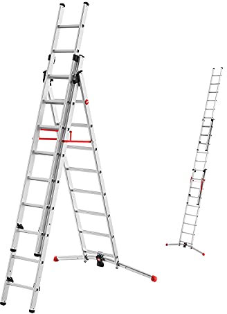 Hailo S100 ProfiLOT 3-teilige Alu-Kombileiter mit LOT-System - gleicht Unebenheiten aus - 2 x 9 + 1 x 8 profilierte Sprossen belastbar bis 150 kg - Aluleiter made in Germany - Leiter rostfrei - silber