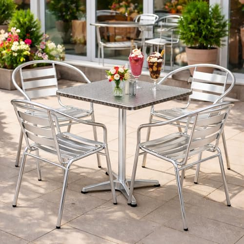 Mojawo® Bistrogarnitur 5-teilig Bistrotisch Aluminium eckig 60x60cm H70cm / 110 cm höhenverstellbar + 4 Stapelstühle Aluminium