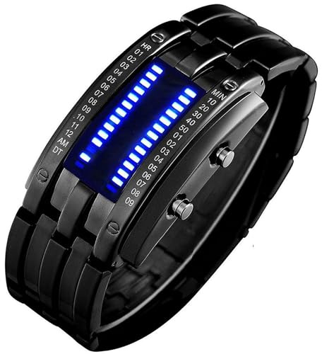 Gosasa Men's LED Digital Wrist Watch Futuristic Binary Display Stainless Steel Bracelet Waterproof Tech Style Watch for Casual & Fashion Wear, Black, Digital,Quartz Movement