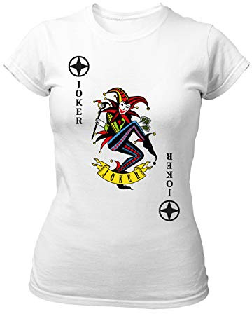 clothinx Damen T-Shirt Fit Karneval & Fasching Spielkarte Joker Kostüm Weiß/Bunt Größe XXL