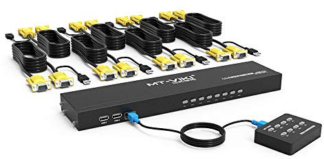 MT-VIKI Commutateur KVM VGA 8 ports 1U à montage en rack 8 x 1 - Prend en charge clavier, souris, haut-parleurs USB - Avec 8 câbles KVM - 2 jeux de racks