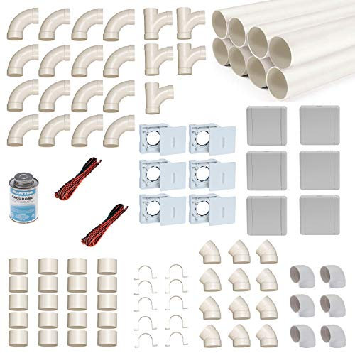 crossvac Zentralstaubsauger Einbau-Set für 6 Saugdosen mit Rohren, Fittings & Co. - Montageset für den DIY-Einbau Einer Staubsaugeranlage - Saugdose VacuValve ES quadratisch