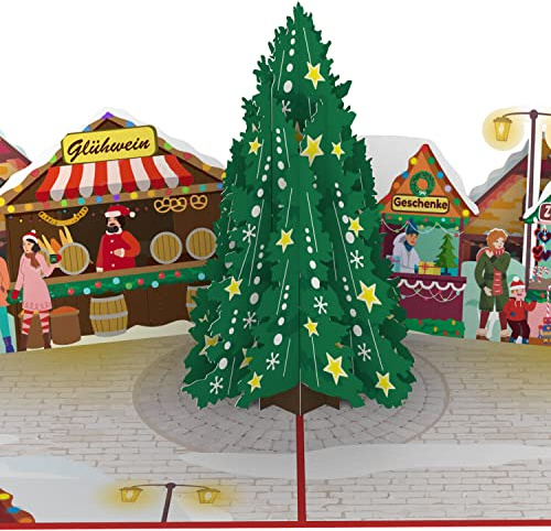 papercrush® Pop-Up Karte Weihnachtsmarkt - 3D Weihnachtskarte mit Weihnachtsbaum & Glühweinstand für Mitarbeiter & Kollegen, Frohe Weihnachten Klappkarte mit Weihnachtsdorf für Kinder, Frauen & Männer