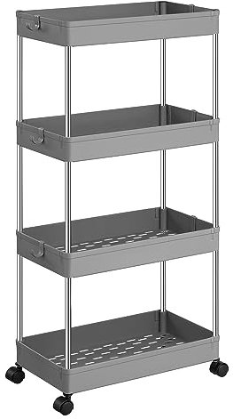 SONGMICS Rollwagen, Küchenwagen, Küchenregal, Nischenregal, mit 6 Haken, 360° drehbare Räder, Stahlgestell, Bad, Küche, Büro, 4 Ebenen, grau KSC010G01
