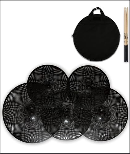 Paquete de platillos de bajo volumen, juego de platillos silenciosos de 14 pulgadas, 16 pulgadas, 18 pulgadas, 20 pulgadas (5 piezas, negro) | Incluye bolsa de platillos gratis