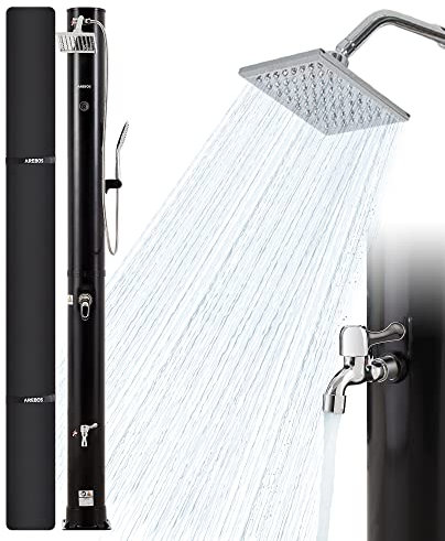 Arebos Ducha solar 40 L | incl. tapa | con termómetro integrado | Negra | cabezal de ducha giratorio | cabezal de ducha móvil | con ducha de pie y conexión para manguera de jardín