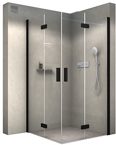 BERNSTEIN Duschkabine 80x90 Breite Falttür Rahmenlose Eckdusche NT213 Eckeinstieg Hebe-Senk Duschabtrennung 8 mm ESG Nano Echtglasdusche mit Schwarz matt Profil, Dusche Rechts x Links: 80x90 Breite