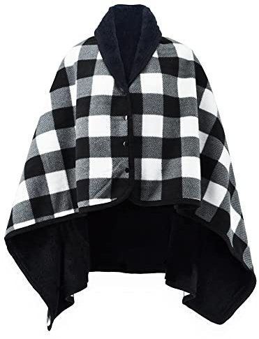 beifon Poncho para Mujer Forro Polar Manta Sudadera Cuadros Cálida Capa Envoltura del Mantón con Botones Ponchos y Capa Térmica para Mujer y Chica Invierno, 100X140cm (Negro)