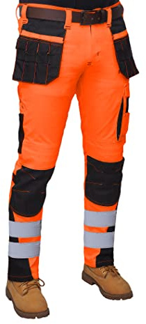 HASHOOB TRADING FZE Herren-Hose, hohe Sichtbarkeit, Cargo-Arbeitskleidung, weich, strapazierfähig, mehrere Taschen, pflegeleichte Hose, reflektierendes Band, Arbeitshose, Orange-1, 34 W/30 L