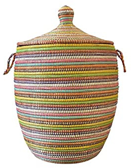 Wäschekorb Afrika - S/M/L/XL/XXL - Das Original aus dem Senegal - Afrikanischer Flechtkorb mit Deckel - Fair Trade - Bade-/Wohn- & Kinderzimmer (M, Stripes Bunt)