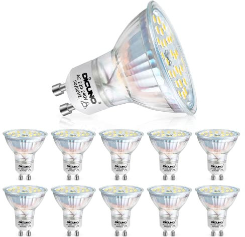 DiCUNO GU10 Dimmable LED Bulb, 4.2W Daylight White 5000K, Energy Saving Light Bulbs, 400LM,120°Beam Angle, 40W Halogen Equivalent, AC 220-240V, 10 Packs