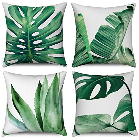 Housse de coussin Vert 40x40 Set de 4, Hnmdmyi tropical palmier bananier monstera feuilles plante décorative taies d'oreiller en lin Housse de coussin carré pour canapé lit jardin extérieur Home Decor