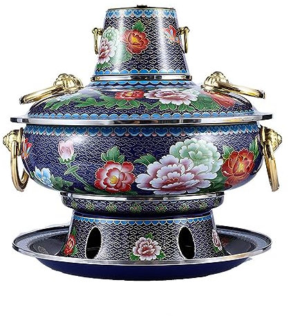 VIDECOR Chinesischer Hot Pot, Einzelner Kleiner Kupfertopf, Kommerzieller Alkohol Hot Pot, Mahlzeit Teilender Emaille-Kupfertopf, Wanjia Hot Pot, Mongolischer Hot Pot, 31,8 cm,B-mandarinduck