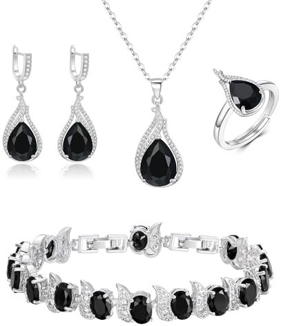 Clearine Sparkling Teardrop Schwarz Cubic Zirkonia Anhänger Halskette Tropfen Ohrringe Tennis Armband Verstellbarer Ring Silber Brautschmuck für Hochzeit/Geburtstag/Valentinstag/Muttertag/Weihnachten
