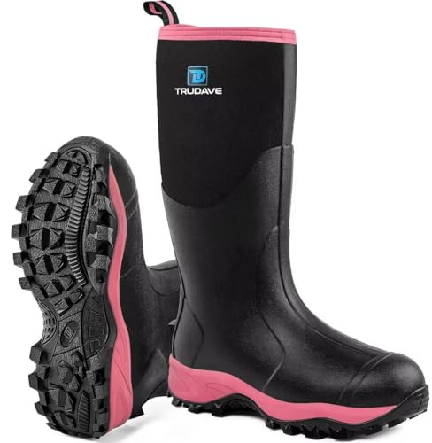 Trudave Rubber Boots for Women with Steel Shank, Waterproof Insulated Mud Rain Boots, 6mm Neoprene Anti-slip Outdoor Work Boots, Pink, Size 6