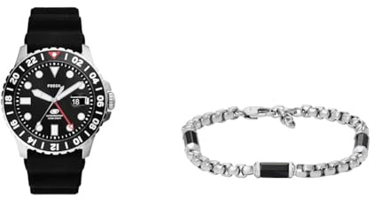 Fossil Herrenuhr Blue GMT Schwarz Silikon und Armband Schmuck silberfarbener Edelstahl, Set