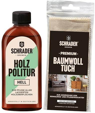 SCHRADER Holz Politur hell - Möbelpolitur - frischt lackierte Holzmöbel auf - 1x 250ml - Mit Poliertuch - Made in Germany
