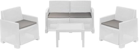 Dmora - Outdoor-Lounge-Set Vieste, Gartenkomposition mit 2 Sesseln, 1 Sofa und 1 Couchtisch, Rattan-Effekt mit Kissen, 100% Made in Italy, Weiß