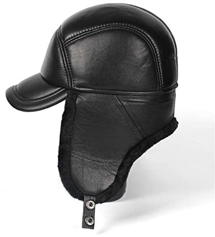 Lederhüte für Herren und Damen Winterhut Männer Echtes Leder Schaffell Bomber Hut Ohrflasche Schwarz Warme Dicke Ski Schnee Winddicht Männlichen Russischer Hut Warmes und süßes Geschenk ( Color : Noir