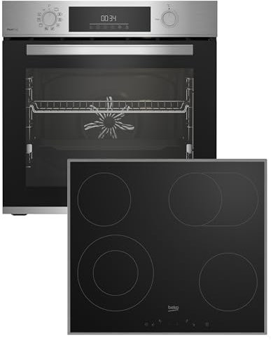 Beko BBSM12320XMPEF Einbau-Backofen-Set, autarker Pyrolyse-Backofen, autarkes Kochfeld Glaskeramik, pyrolytische Selbstreinigung, versenkbare Knebel, FlexiCrisp, Schwarz/Edelstahl