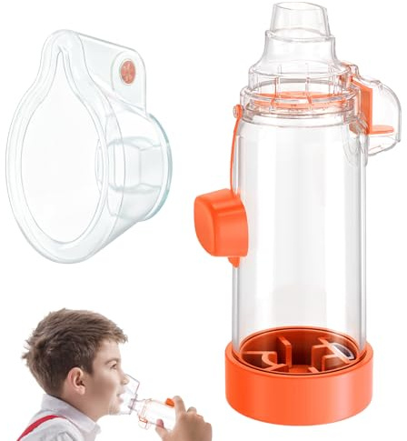 Handheld Inhaler Spacer for Infants, Children, and Adults - Anti-Static - Portable Design for Home, School, and Travel - Soft Silicone Mask - Nessi OTC Spacer - Easy to Clean (Orange Kids)