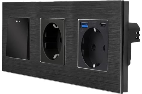 Luxus-Time Wipp Wechsellichtschalter + Steckdose + Steckdose USB-A/C Anschluss zum aufladen Schuko Einbau Mehrfachstecker 20W schnellladen 3-Fach (Schwarz, Alu Wechselschalter + Steckdose + USB-A/C)