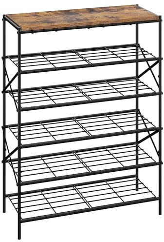 IBUYKE Schuhregal mit 6 Etagen, Große Kapazität Schuhregal mit Ablage für 24 Paar Schuhe, Platzsparend Metall Schuhablage für Eingang Flur Wohnzimmer, Rustikale Braun TXJ016H