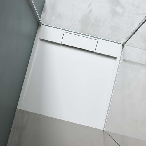 Mai & Mai Receveur de Douche Blanc Carré + Bonde AL06 100x100x4cm | Fabriqué en Résine, Bac à Douche Extra-plat, Receveur Antiglisse pour Salle de Bain, Géo4
