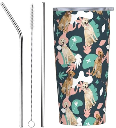 VOSERY Botella de agua de 20 onzas con tapa y popote, diseño de perro labrador retriever n.º 1014, vaso aislado de acero inoxidable, taza de café de viaje, vaso personalizado