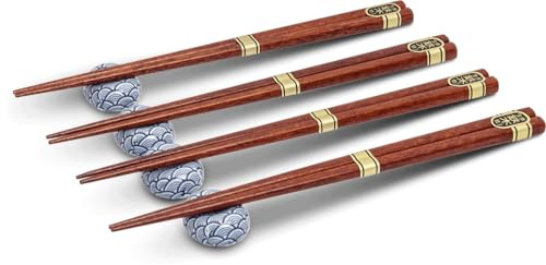 Colorful Series ASIATICA | Essstäbchen Set Traditionelles Japan & Blue Waves | 4 Paar Holz-Ess-Stäbchen mit Keramik-Ablagen | Hochwertiges Chopstick-Set für Sushi & Asiatische Gerichte (Blue Waves)