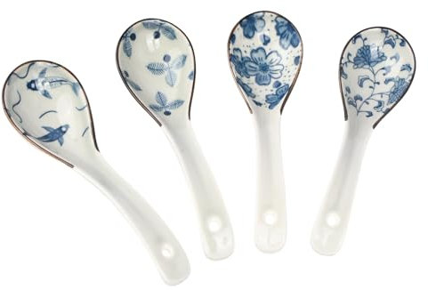 Cuillères en Céramique Asiatique, Lot de 4 Style Rétro Japonais et Coréen pour Ramen, Pho, Céréales, Wonton, Boulettes, Miso