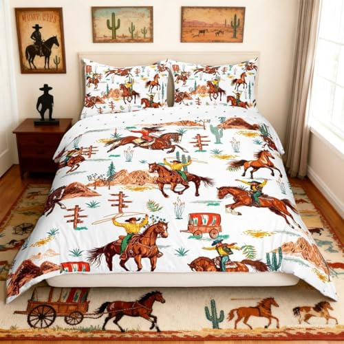 Loussiesd Western Decor Comforter Cover Set Double Size Wild West Cowboy Cowgirl Bedding Set Children Horse Desert Rodeo Cowboy Style Bedding Duvet Cover Set Brown Bedspread Cover 3Pcs(No Comforter)