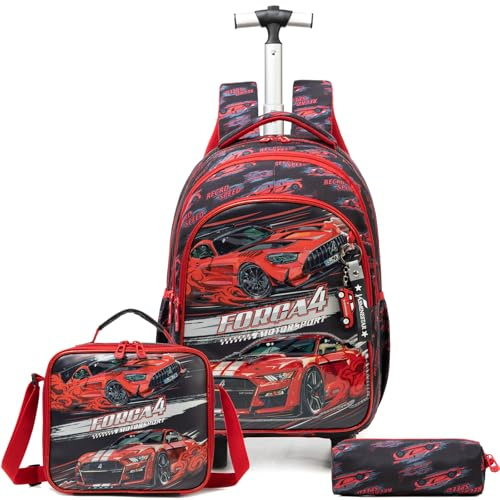 Egchescebo Zaino con Rotelle Bambini Trolley Auto Zainetto Scuola Elementare Primaria 17” 3PCS Borsa Pranzo Portamatite Media Carrello Ruote Valigia Ragazzi per Rullo Rosso