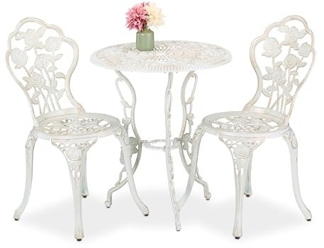 Relaxdays Set med trädgårdsmöbler, 3 delar, bord och 2 stolar, vintage balkongmöbler, gjuten trädgård, sittgrupp, vit/brons