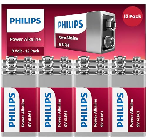 PHILIPS 9 Volt Batteries - Power Alkaline 9V Battery 12 Pack, Long Lasting Power Up to 5 Years in Storage, 9v Batteries Leak Proof Design, All Purpose 9volt for All Your Household & Office Needs.