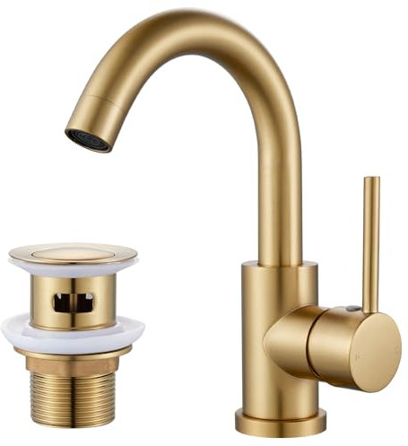 Rainysprit - Rubinetto miscelatore per lavabo con scarico pop-up, girevole a 360°, in acciaio inossidabile, raccordi standard UK G1/2, controllo dell'acqua calda e fredda, oro