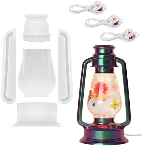 Actvty Oil Lamp Resin Molds Set, Hurricane Lamp Silicone Mold for Resin Casting, Epoxy Light Molds with 3pcs LED Lights DIY Retro Lantern Indoor Oil Lamps for Table Fireplace Home Decoration