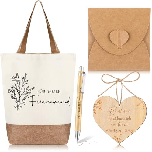 Clabby 5 Stück Renteneintritt Geschenk Frau Rentner Jutetasche Dankeschön Abschiedsgeschenk Kollegin Herzförmige Holzspäne Kugelschreiber mit Gravur für Immer Feierabend Rentnerin Geschenk