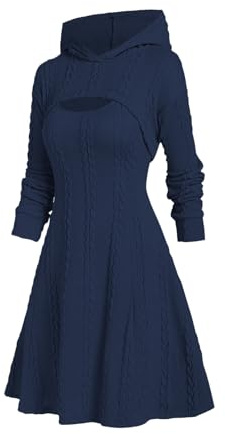 DRESSFO Damen 2-teiliges Outfit - Kapuzenpullover-Set mit Zopfmuster und ärmellosem A-Linien-Kleid, Tiefes Blau, Mittel
