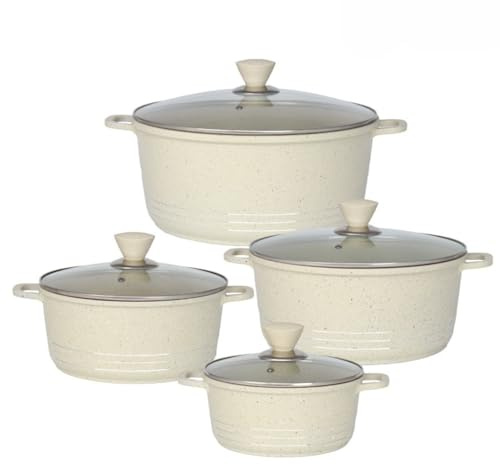 Die Cast Stockpot Set 4 Piece Non Stick Cooking Pot Casserole Set Aluminium Induction Stock Pot with Lids Tempered Glass 20cm 24cm 28cm 32cm Induction (Beige)
