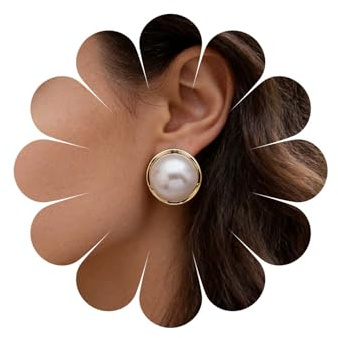 Cybche Boucles D'oreilles Boho Grandes Perles Rondes Boucles D'oreilles Clou Perle Mariage Boucle D'oreille Disque Grandes Perles Blanches Boucle D'oreille Minimaliste Demi Perle