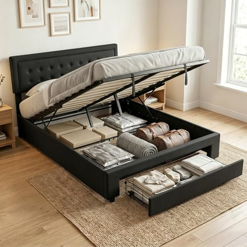 HOMCOM Upholstered Ottoman Bed with Storage Drawer and Adjustable Headboard, 5ft King Size Bed Frame with Gas Lift End Opening, Wooden Slats, No Mattress, Black