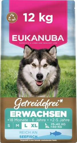 Eukanuba Hundefutter getreidefrei mit Fisch für große Rassen, Premium Trockenfutter ohne Getreide für ausgewachsene Hunde, 12 kg