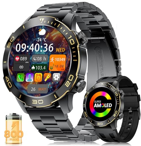 DREMAC Montre Connectée Homme Luxe(40 mm), Robuste Aluminium, Écran AMOLED, 800mAh, Étanche IP68, Montre de Fitness avec Moniteur de Fréquence Cardiaque/SpO2/Sommeil pour Android iOS,Noir