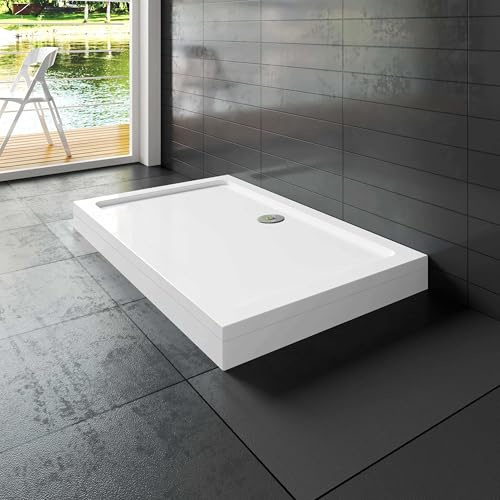 Receveur de douche à l'italien blanc - L.160xl.90cm - Bac à douche extra plat avec le kit de plinthe et pieds - En résine - Rectangulaire