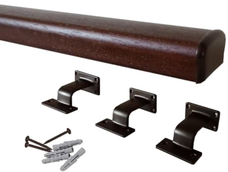Corrimano per scale in legno sagomato, colore noce scuro, Kit compreso di supporto e terminale bronzato, varie misure (Noce scuro+bronzato 3mt)