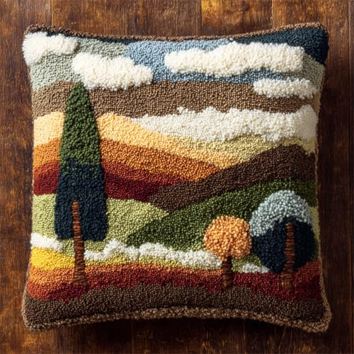 AxiangziK DIY Knüpfpackung für Kinder & Erwachsene,Natürliche Waldlandschaft,Kissenbezug Knüpfkissen Knüpfset Teppich Bastel- Und Heimdekoration,17x17in