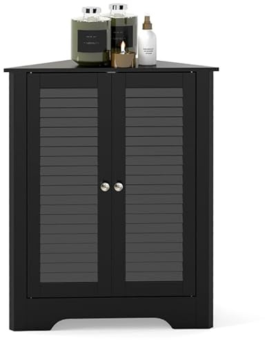 COSTWAY badrumsskåp, hörn, hörnskåp, badrum med 2 lamelldörrar, badrumsskåp, underskåp, trä, förvaringsskåp för badrum, kök, vardagsrum, 45 x 45 x 81,5 cm (underskåp, svart)